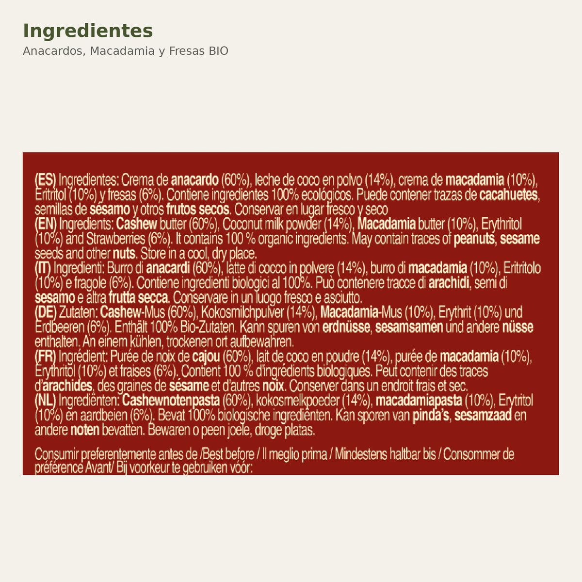 Ingredientes de Anacardos, Macadamia y Fresas BIO