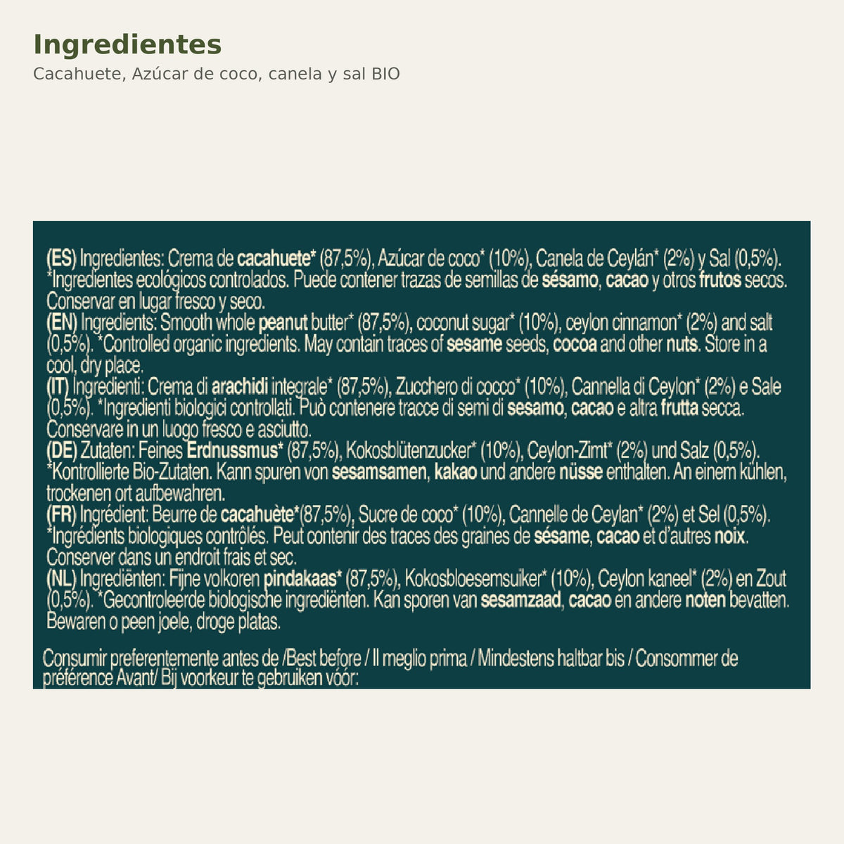 Ingredientes de Cacahuete, Azúcar de coco, canela y sal BIO