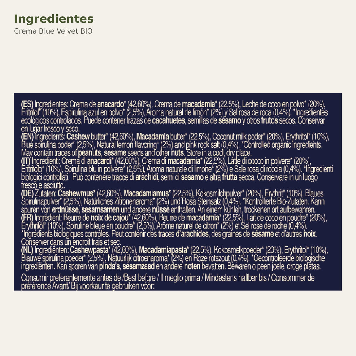 Ingredientes de Crema Blue Velvet BIO