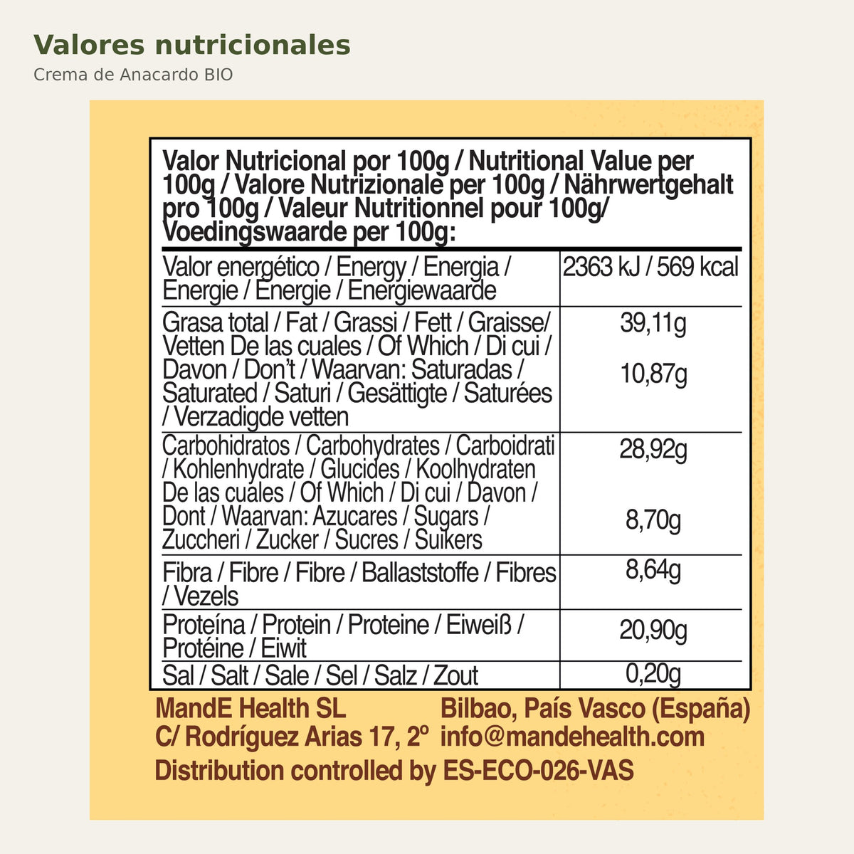 Valores nutricionales de Crema de Anacardo BIO