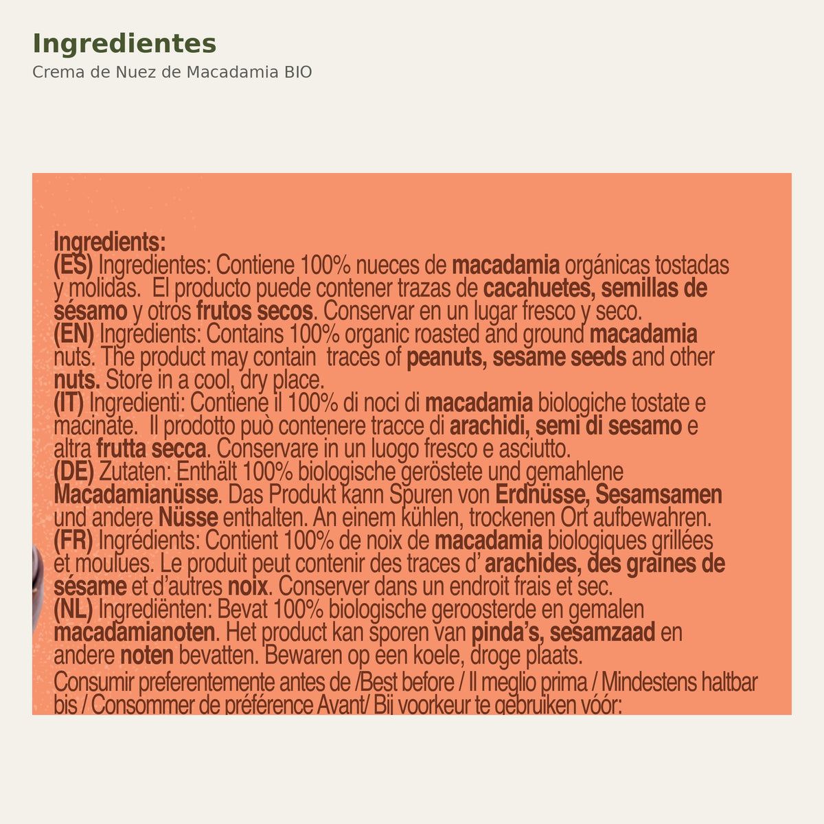 Ingredientes de Crema de Nuez de Macadamia BIO