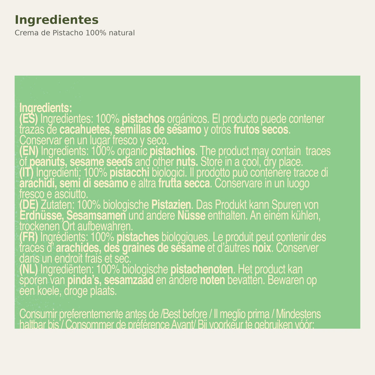 Ingredientes de Crema de Pistacho 100% natural