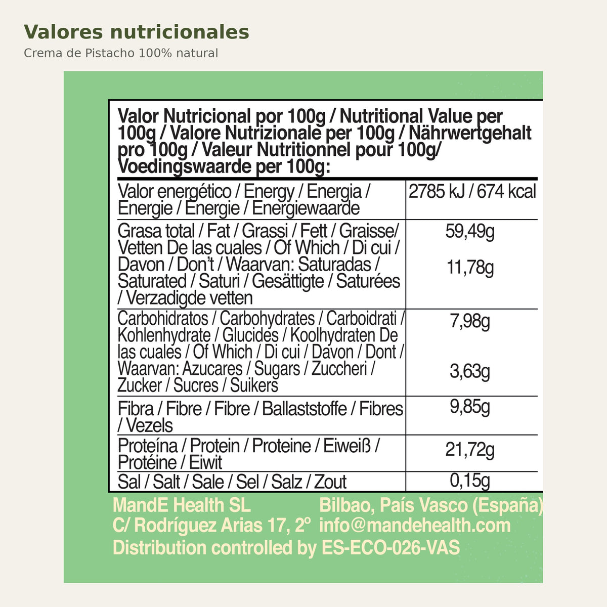 Valores nutricionales de Crema de Pistacho 100% natural