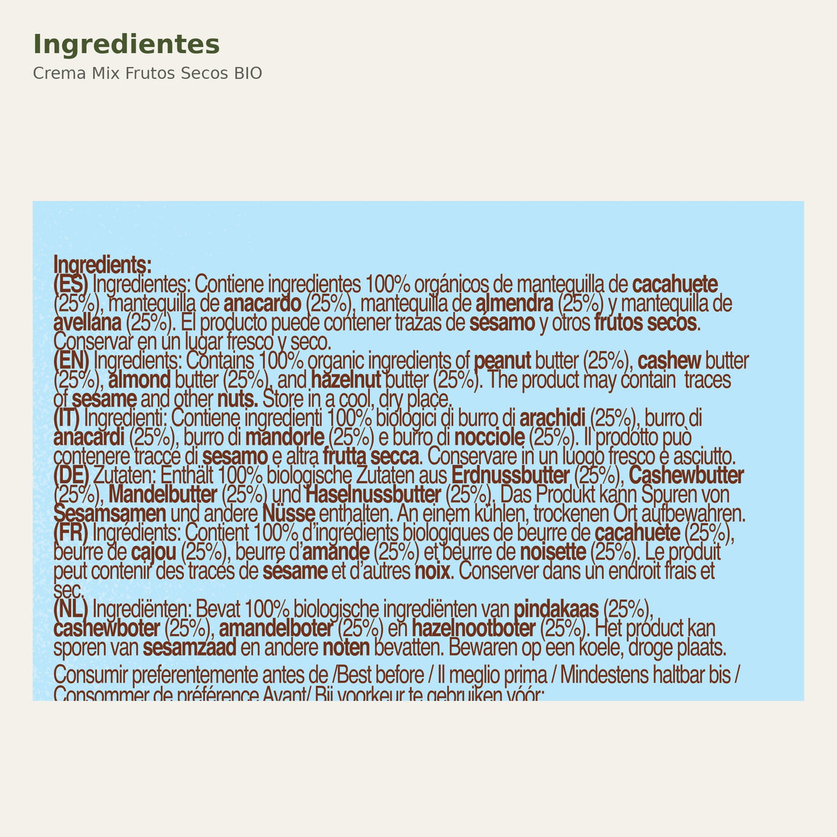 Ingredientes de Crema Mix Frutos Secos BIO