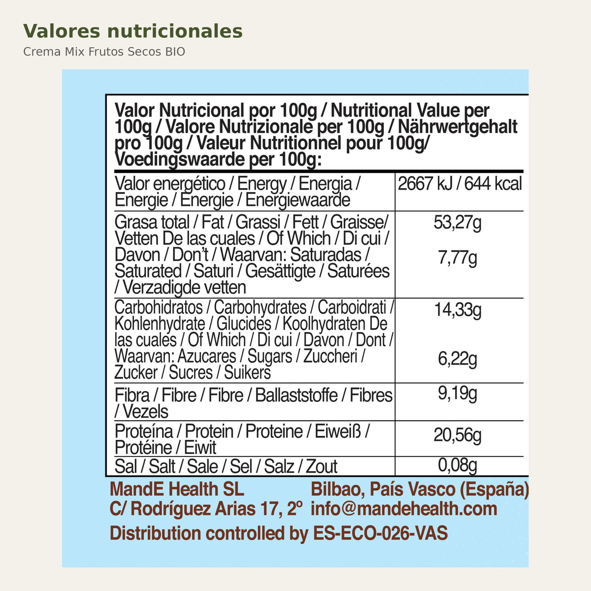 Valores nutricionales de Crema Mix Frutos Secos BIO
