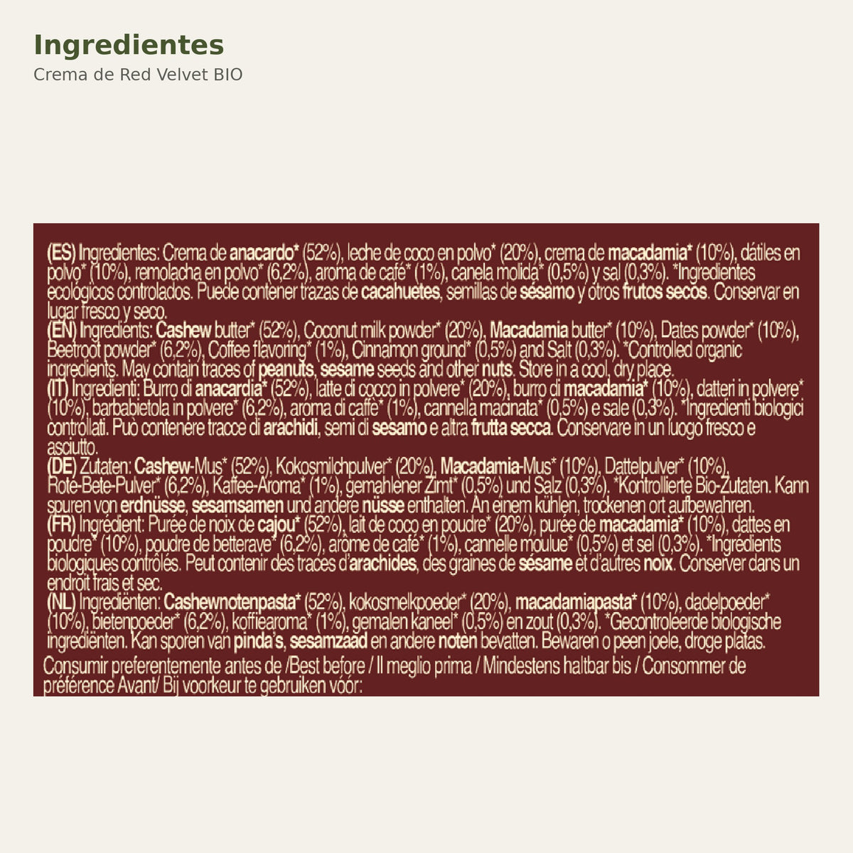Ingredientes de Crema de Red Velvet BIO