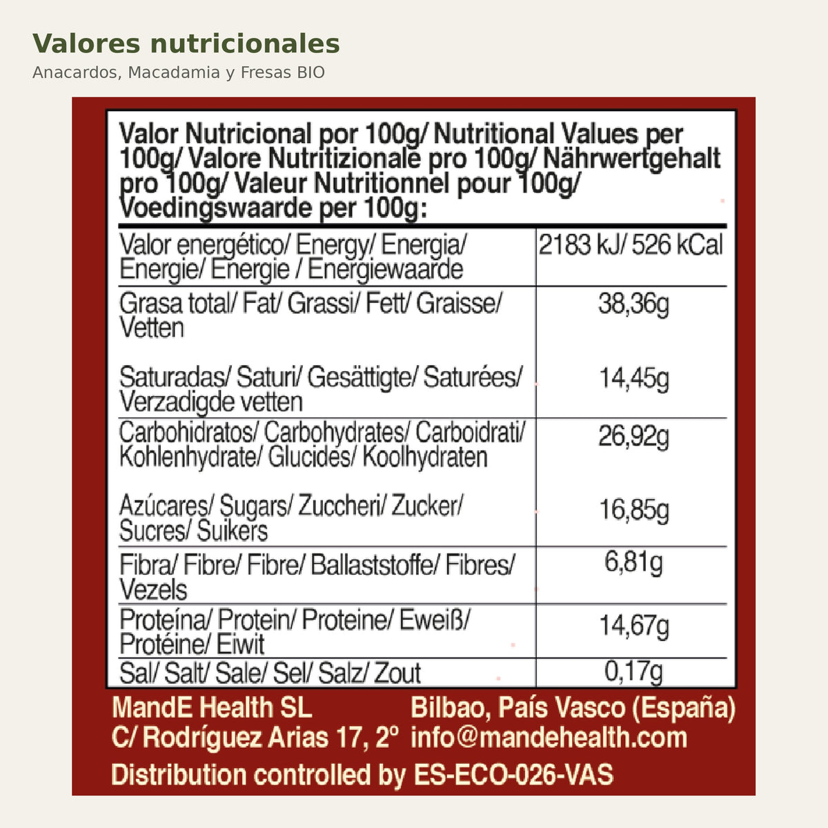Valores nutricionales de Anacardos, Macadamia y Fresas BIO