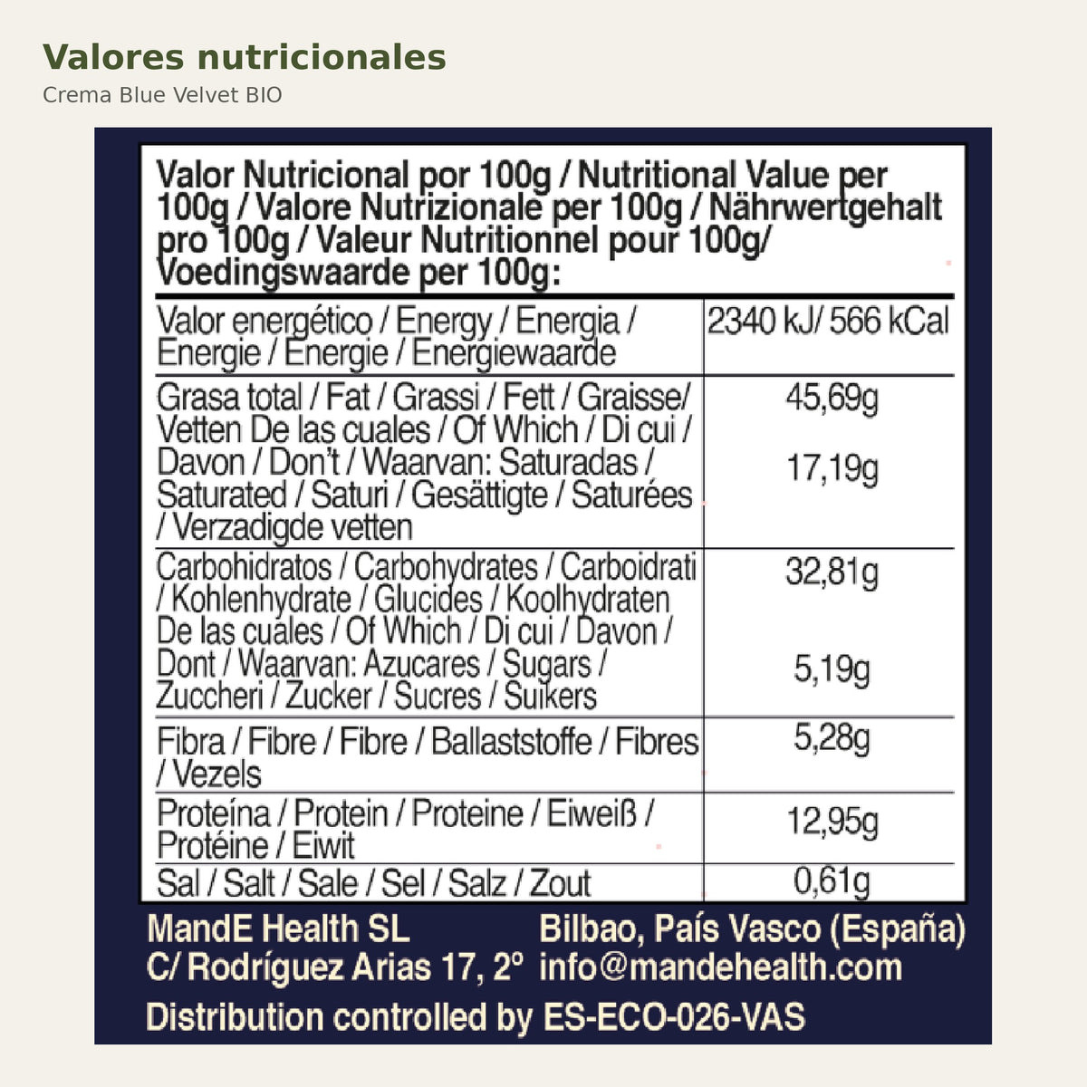Valores nutricionales de Crema Blue Velvet BIO
