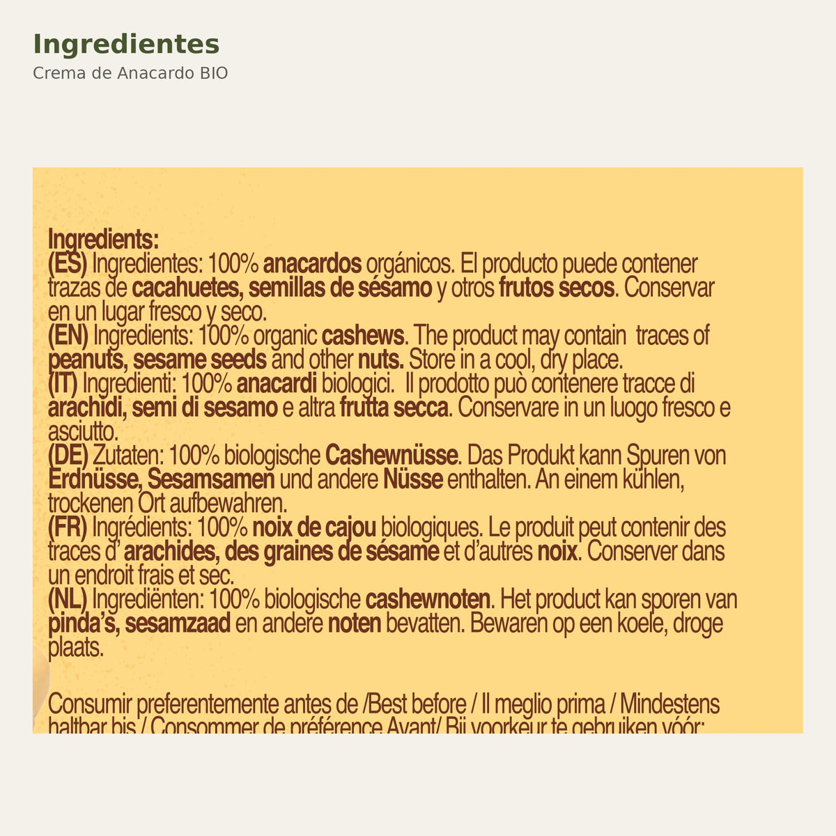Ingredientes de Crema de Anacardo BIO