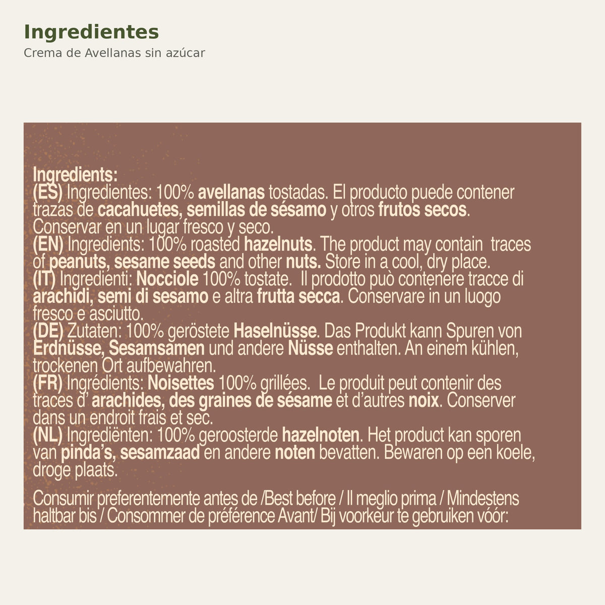 Ingredientes de Crema de Avellanas sin azúcar