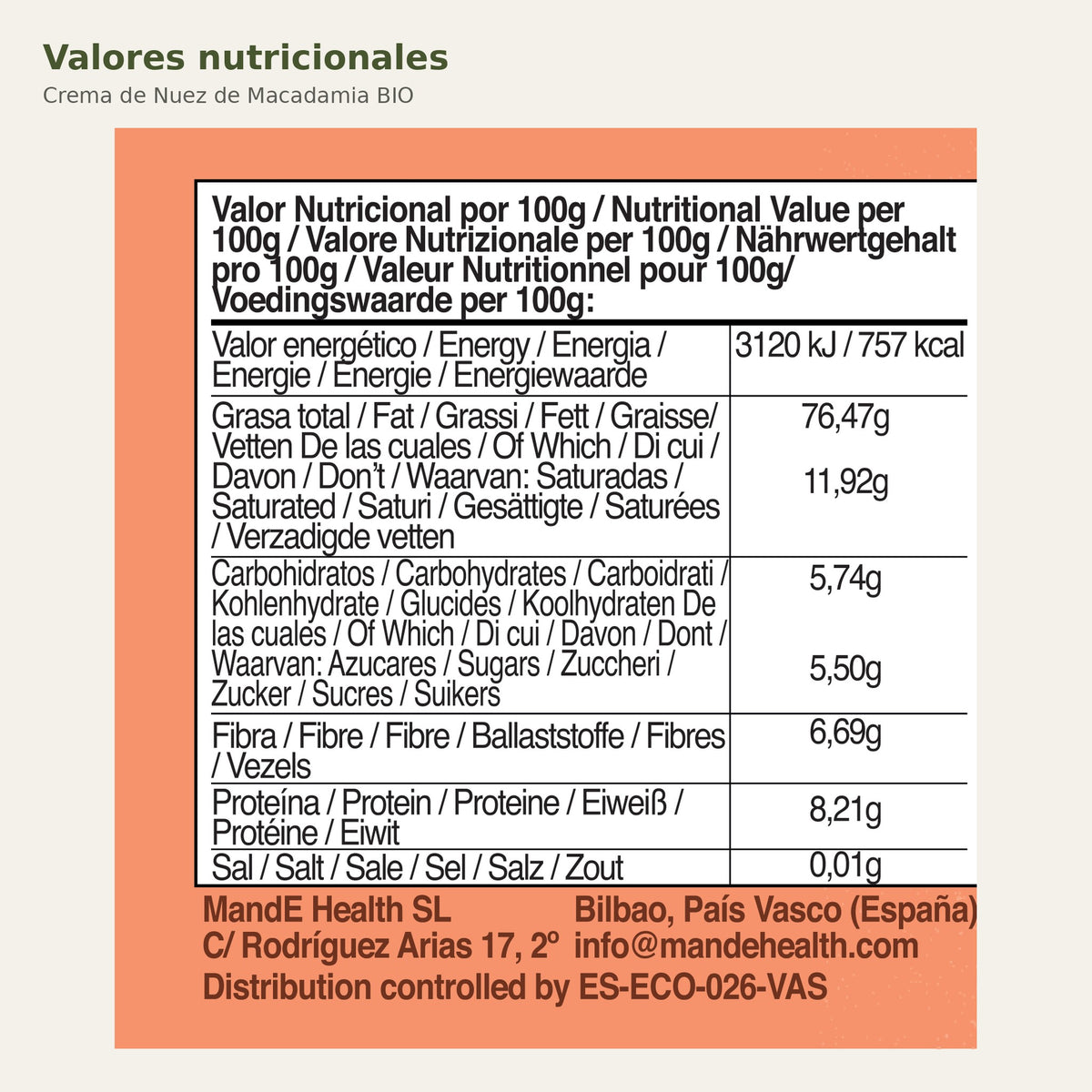 Valores nutricionales de Crema de Nuez de Macadamia BIO
