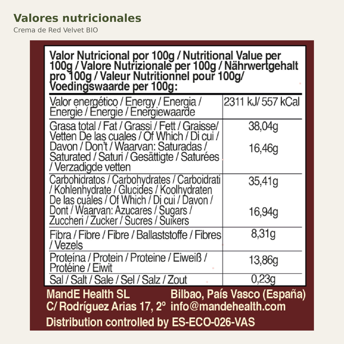 Valores nutricionales de Crema de Red Velvet BIO