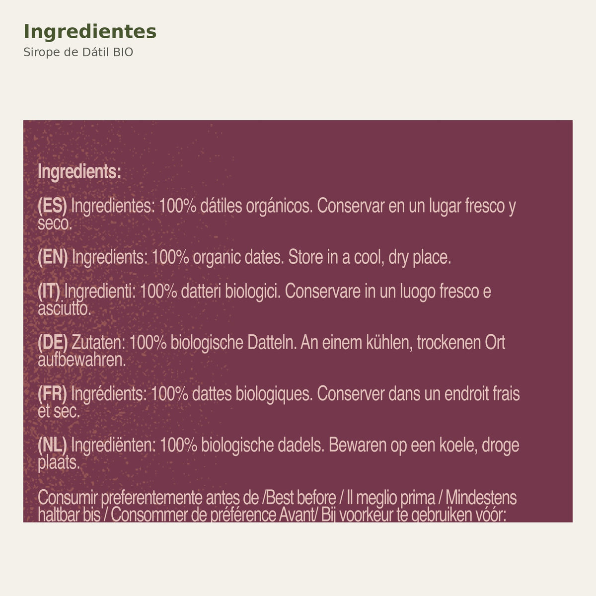Ingredientes de Sirope de Dátil BIO